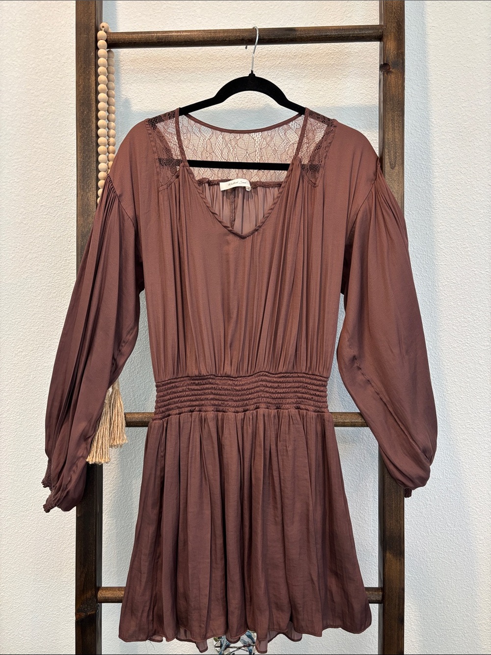 Mustard Seed Mauve Long Sleeve Lace Yoke Mini Dress